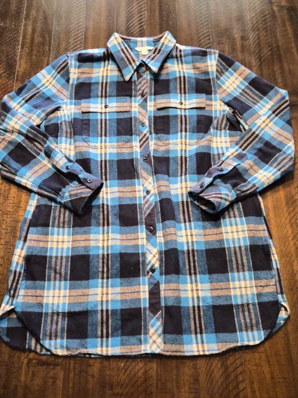 LL Bean Signature Womens Large Plaid Flannel Pockets Button Down Shirt Blue G893